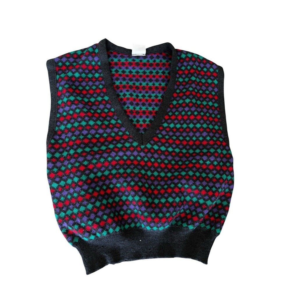 Vtg 90s Wool colorful argyle sweater vest men's pullover grandpa core M